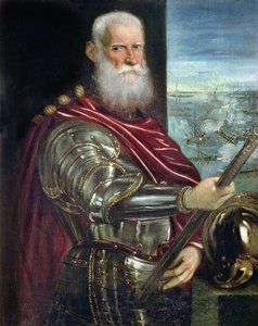 Portret van Sebastiano Vernier (d.1578) bevelhebber van de Venetiaanse troepen in de oorlog tegen het Ottomaanse Rijk met de slag bij Lepanto op de achtergrond, c.1571